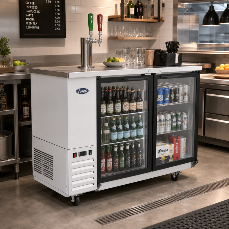 Product image #2 for Atosa Two-Section Shallow-Depth Back Bar Cooler with Locking Glass Doors, 15 Cu. Ft., Self-Contained Side-Mount Refrigeration