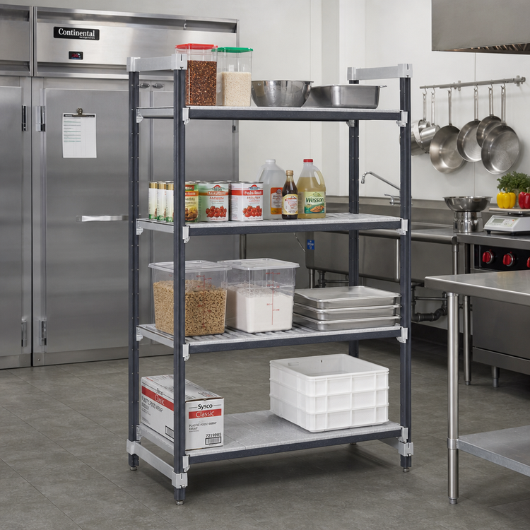 Product image #2 for Cambro Camshelving Elements XTRA 4-Tier Stationary Starter Unit, 24" x 42" x 72", Vented and Solid Shelves, Speckled Gray