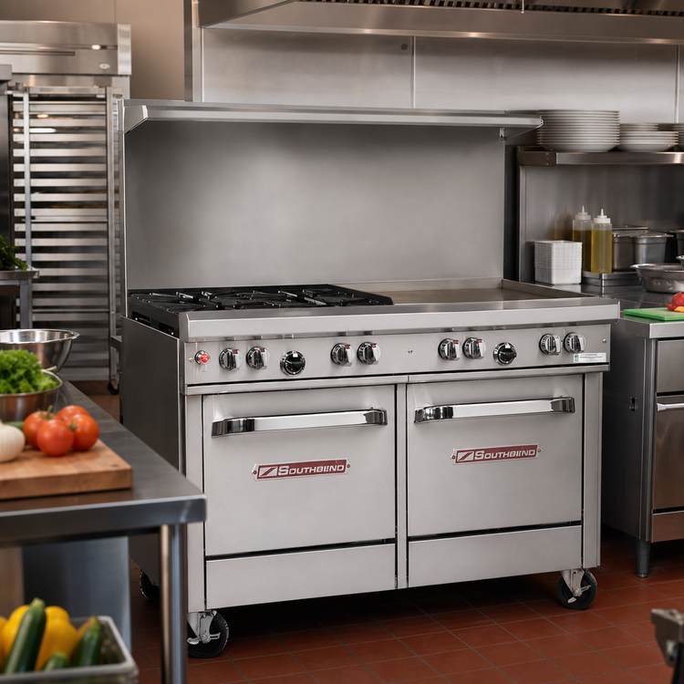 Product image #2 for Southbend Ultimate 48-Inch Gas Restaurant Range with 4 Burners, 24-Inch Thermostatic Griddle, Convection Oven, and Cabinet Base