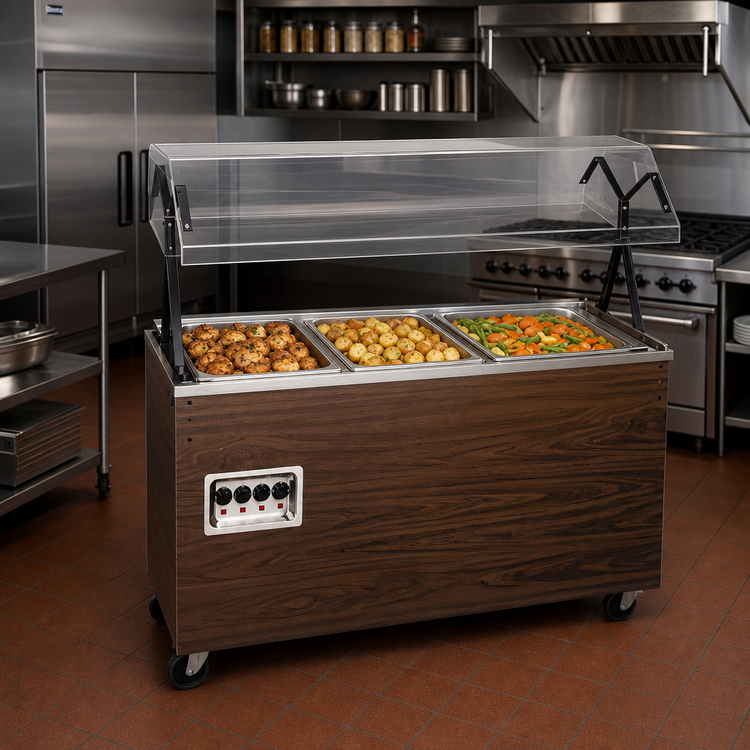 Product image #2 for Vollrath 2-Series Affordable Portable 3-Well Mobile Hot Food Station with Buffet Breath Guard, Cherry Woodgrain, 208-240V