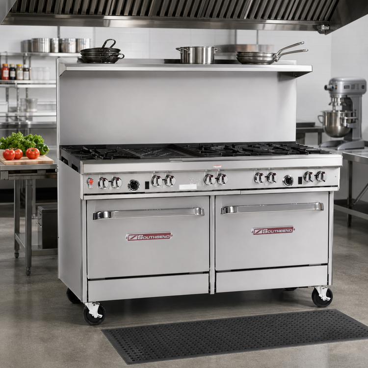 Product image #2 for Southbend Ultimate 60-Inch Gas Restaurant Range with Mixed Burner Top, Two Cabinets, and Hi-Shelf Backriser