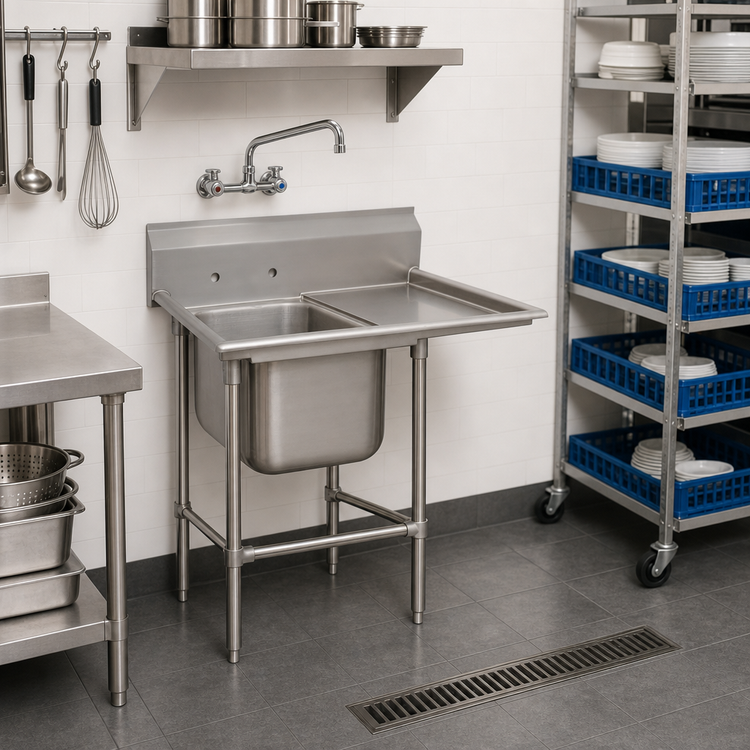 Product image #2 for Regaline 1-Compartment Commercial Sink with Right-Hand Drainboard, 24 x 24 Inch Bowl, 14 Gauge 304 Stainless Steel