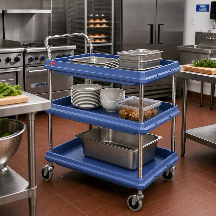 Product image #2 for Metro Deep Ledge 3-Tier Adjustable Polymer Bus Cart with Open Base, Blue