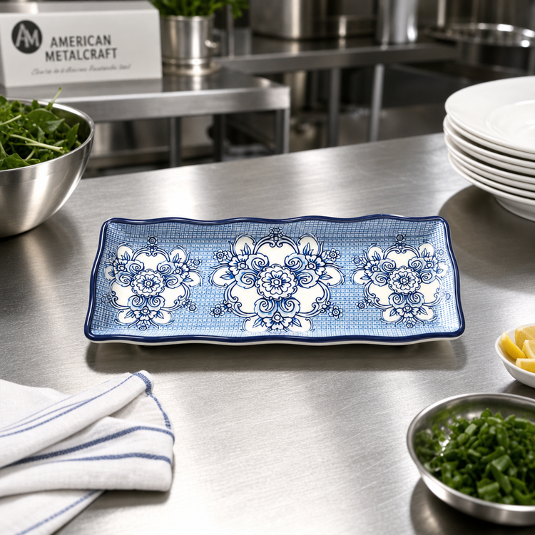 Product image #2 for American Metalcraft Isabella 14-Inch Rectangular Melamine Platter with Blue and White Pattern