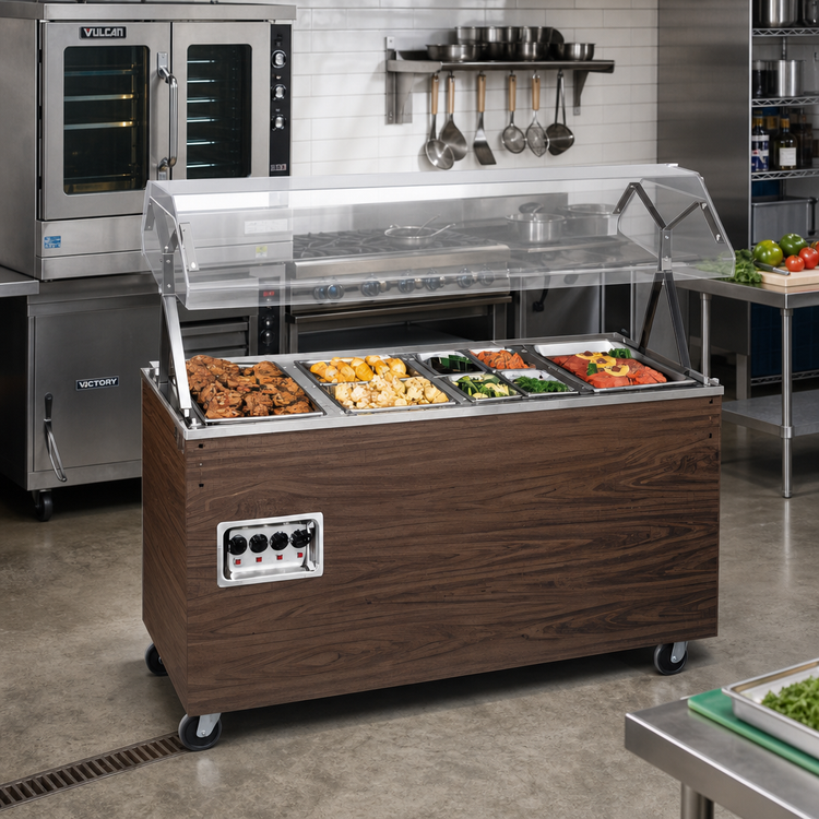 Product image #2 for Vollrath 2-Series Affordable Portable 4-Well Electric Hot Food Station with Buffet Breath Guard, Cherry Woodgrain