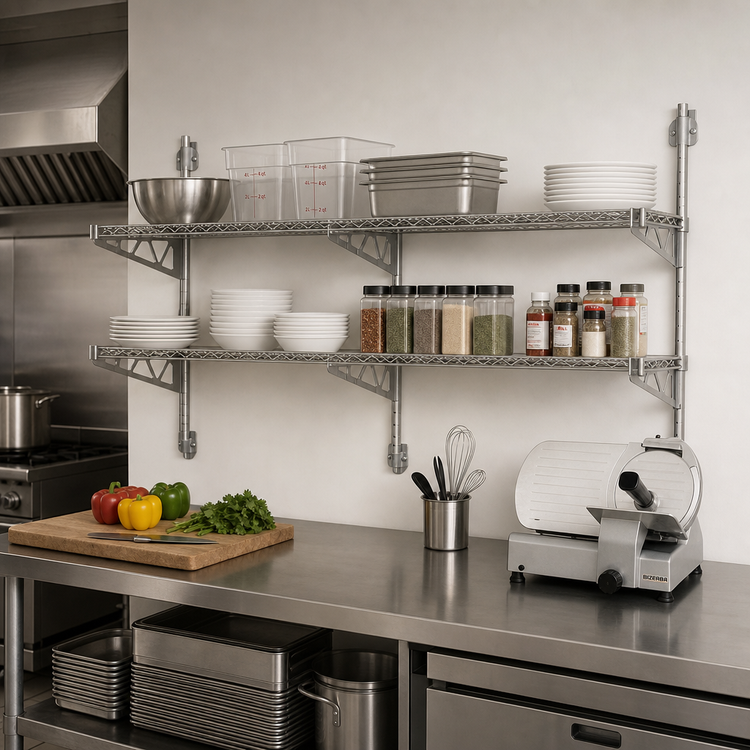 Product image #2 for Advance Tabco Special Value Series 2-Tier Adjustable Wall-Mount Wire Shelving Post & Brackets for 14-Inch Shelves