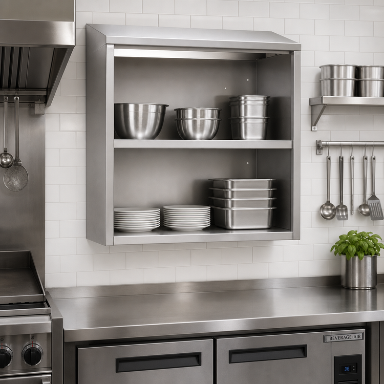 Product image #2 for Glastender 42-Inch Open Front Stainless Steel Wall Cabinet with Sloped Top and Shelf