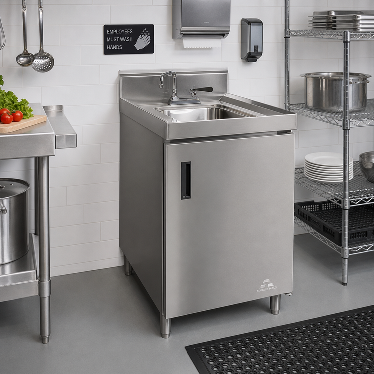 Product image #2 for Advance Tabco SHK-302 24-Inch x 30-Inch Freestanding Stainless Steel Sink Cabinet with 10-Inch Deep Bowl, Faucet and 5-Inch Backsplash