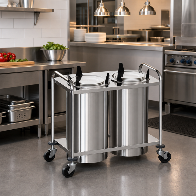 Product image #2 for Atlas Metal 3-Stack Mobile Open Plate Dispenser, Unheated, Stainless Steel, 10-1/8" Max Dish Diameter