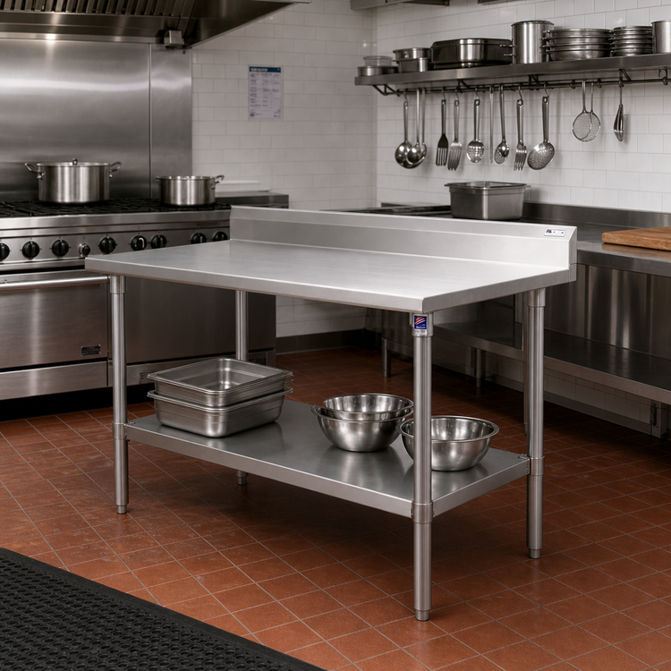Product image #2 for John Boos Stallion 84-Inch x 24-Inch 16-Gauge Stainless Steel Work Table with 5-Inch Backsplash and Undershelf