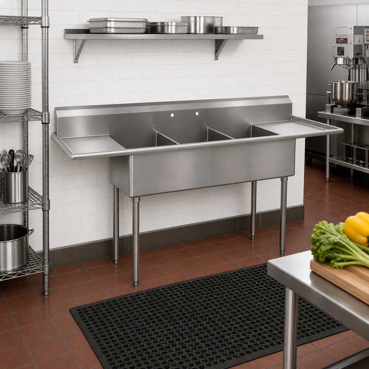 Product image #2 for Eagle Group 72-1/4 Inch Wide 3-Compartment Utility Sink with Left & Right Drainboards, 16 Gauge 304 Stainless Steel
