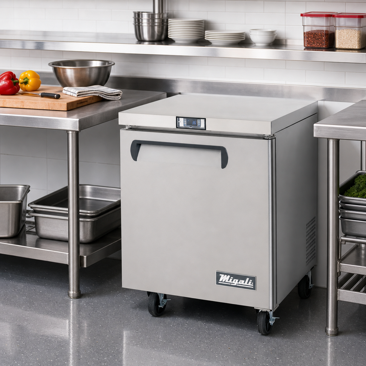 Product image #2 for Migali Competitor Series Undercounter Reach-In Refrigerator, 1 Section, 27.5 In. W, 6.5 Cu. Ft., Solid Door, Rear-Mount Self-Contained