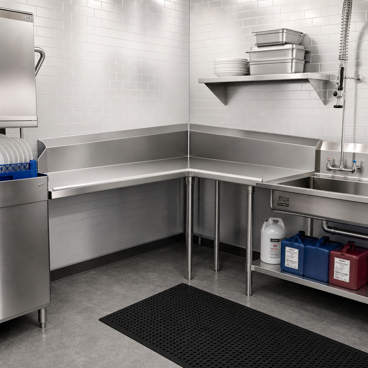 Product image #2 for John Boos Pro-Bowl Corner Clean Dishtable, 60-Inch Machine-to-Corner x 72-Inch Corner-to-End, Left-to-Right, 14-Gauge Stainless Steel