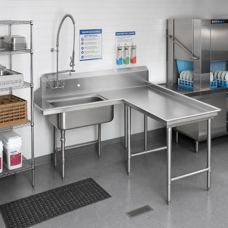 Product image #2 for Advance Tabco Right-Hand L-Shaped Island Soil Dishtable with Pre-Rinse Sink, 95 Inch, 304 Stainless Steel