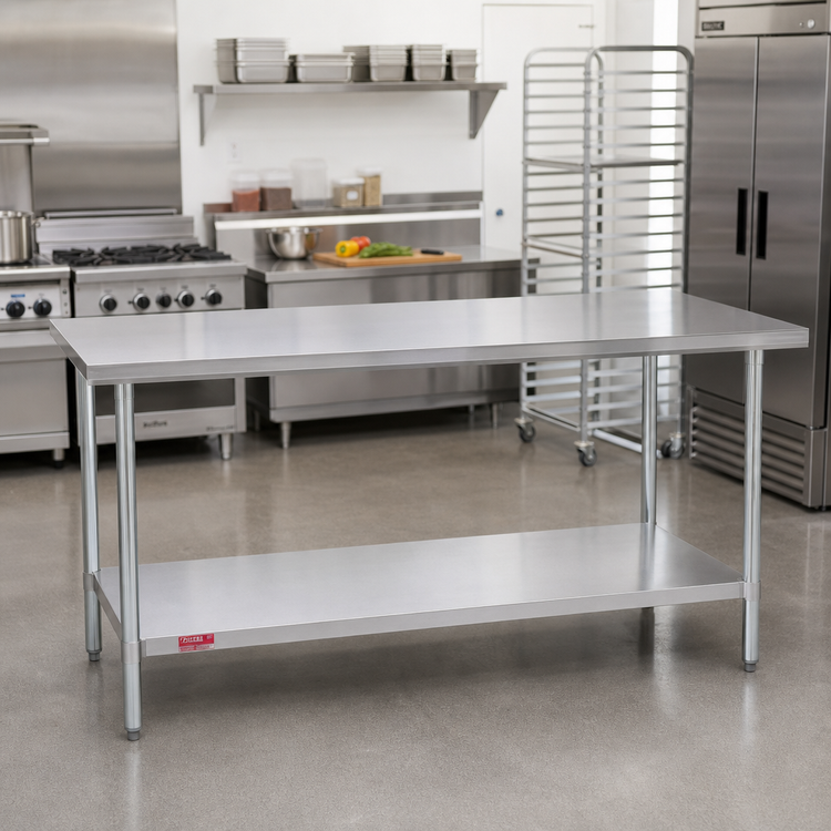 Product image #2 for Duke Manufacturing 60-Inch x 24-Inch Stainless Steel Flat-Top Work Table with Galvanized Undershelf and Posts