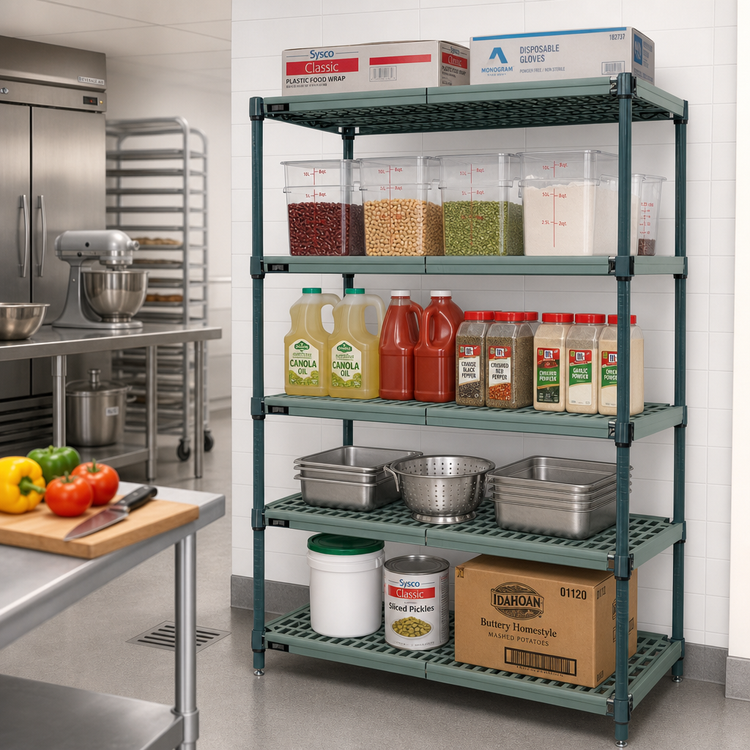 Product image #2 for Quantum 5-Tier Stationary Wire Shelving Unit with Plastic Mats, 60 x 14 x 63 Inches, Green Epoxy Coated
