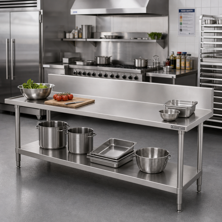 Product image #2 for Advance Tabco 108-Inch x 24-Inch 304 Stainless Steel Work Table with 10-Inch Backsplash and Adjustable Undershelf