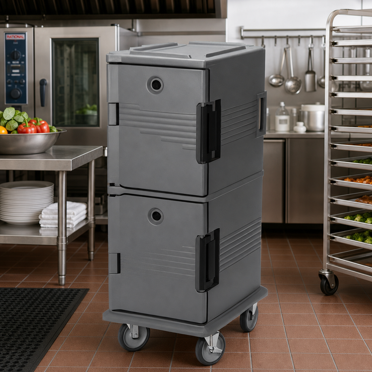 Product image #3 for Cambro Ultra Camcart® Double-Compartment Front-Loading Insulated Food Pan Carrier with Security Package, Granite Gray