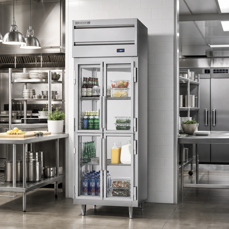 Product image #2 for Beverage-Air P-Series One-Section Pass-Thru Refrigerator with 4 Half-Glass Doors, Top-Mounted Self-Contained Refrigeration