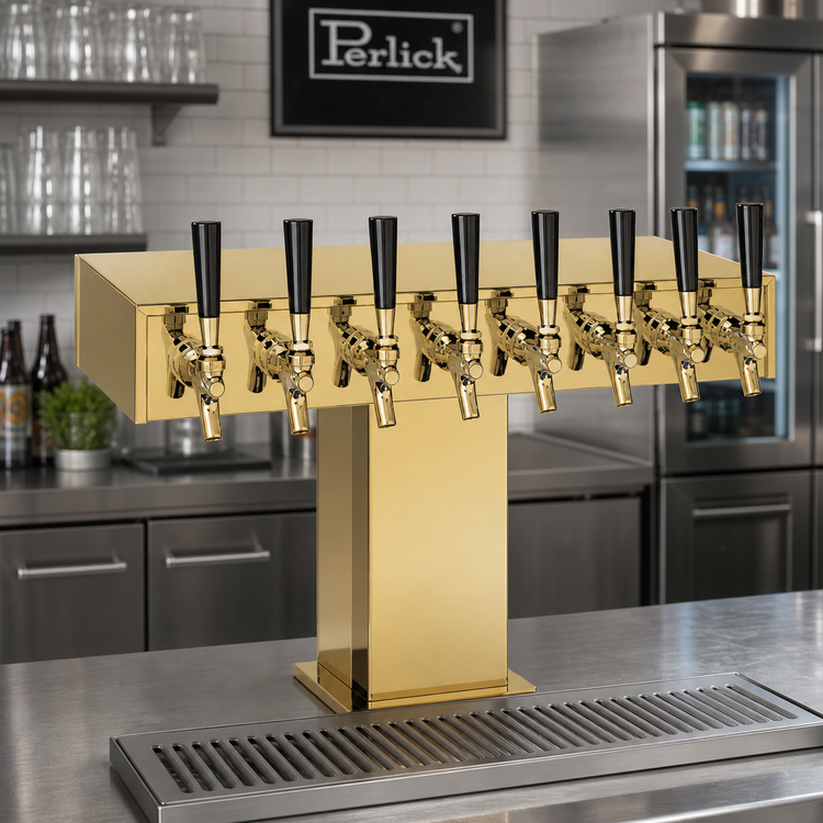 Product image #2 for Perlick 10-Faucet Wide Base Extra High Glycol-Cooled Tee Draft Beer Tower, Tarnish-Free Brass