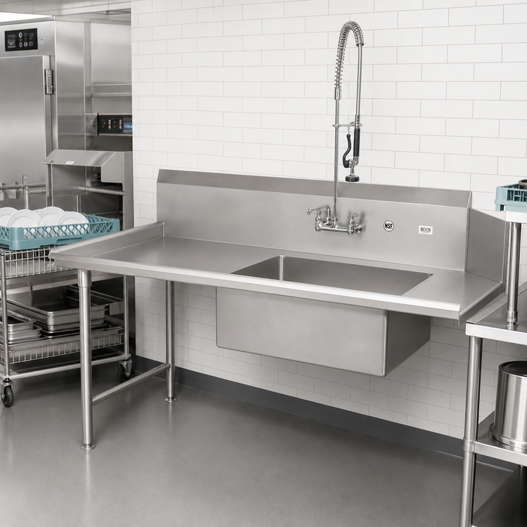 Product image #2 for John Boos Pro-Bowl Straight Soiled Dishtable with 20 x 20 x 8 Pre-Rinse Sink Bowl, 132 Inch, Left-to-Right, 16-Gauge 300-Series Stainless Steel