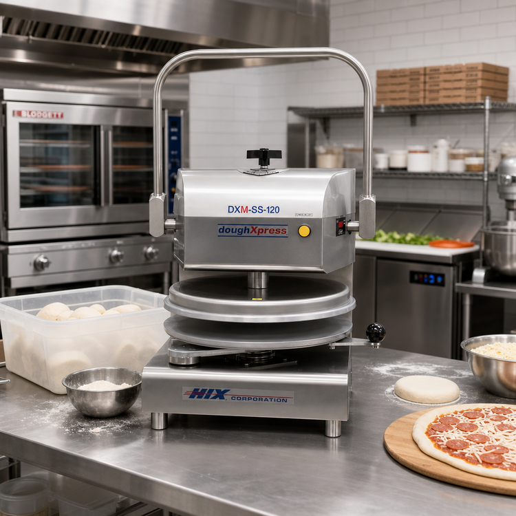 Product image #3 for DoughXpress DXM-SS-120 Commercial Manual Pizza Dough Press with Heated Upper Platen, 18" Diameter