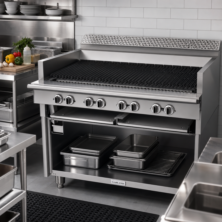 Product image #2 for Garland Cuisine Series 48-Inch Gas Charbroiler and Underfired Broiler with Open Storage Base