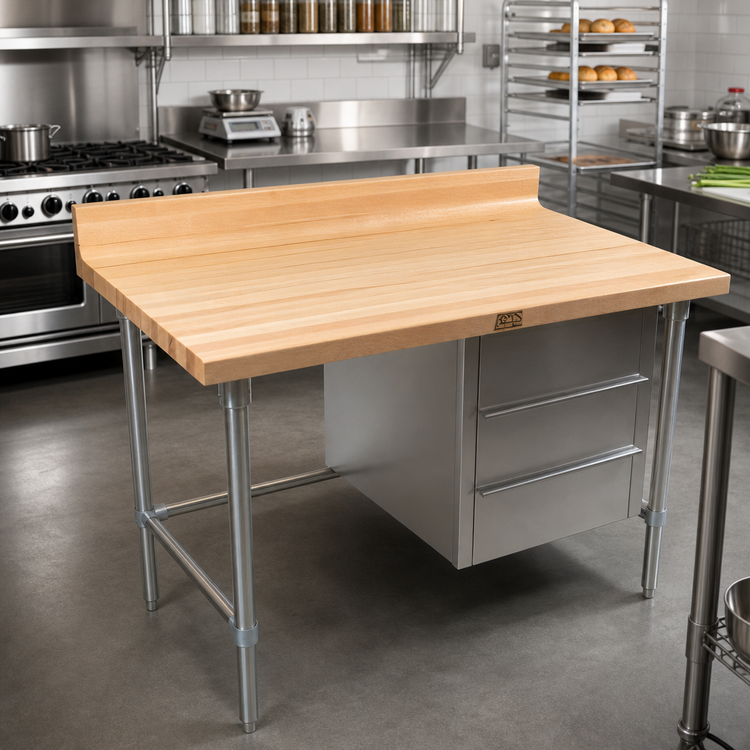 Product image #2 for John Boos 48-Inch x 30-Inch Bakers' Table with 1-3/4-Inch Maple Top, 4-Inch Coved Riser, and 3-Drawer Stainless Steel Base