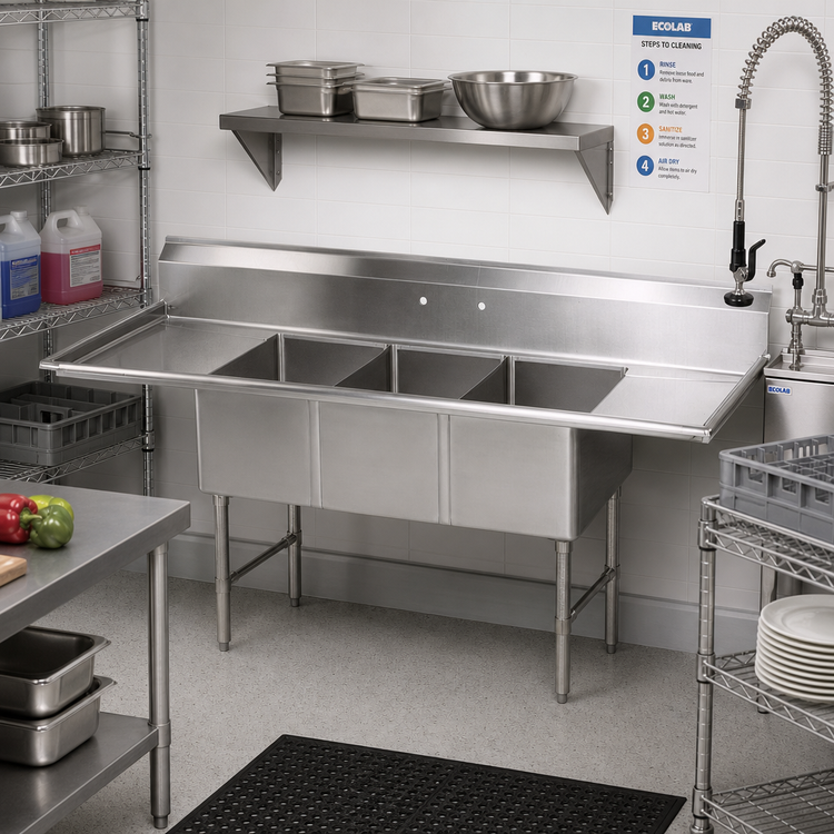 Product image #2 for BK Resources Three-Compartment Stainless Steel Sink with Left and Right Drainboards, 18 x 24 x 14 Inch Bowls