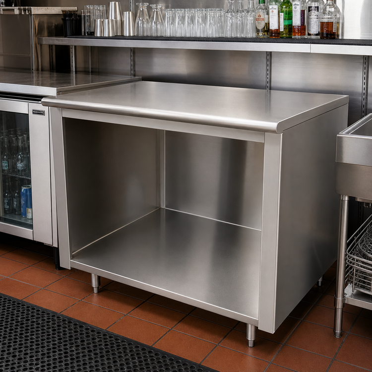 Product image #2 for Advance Tabco 60-Inch x 24-Inch 14-Gauge 304 Stainless Steel Underbar Work Table with Open Front Cabinet Base