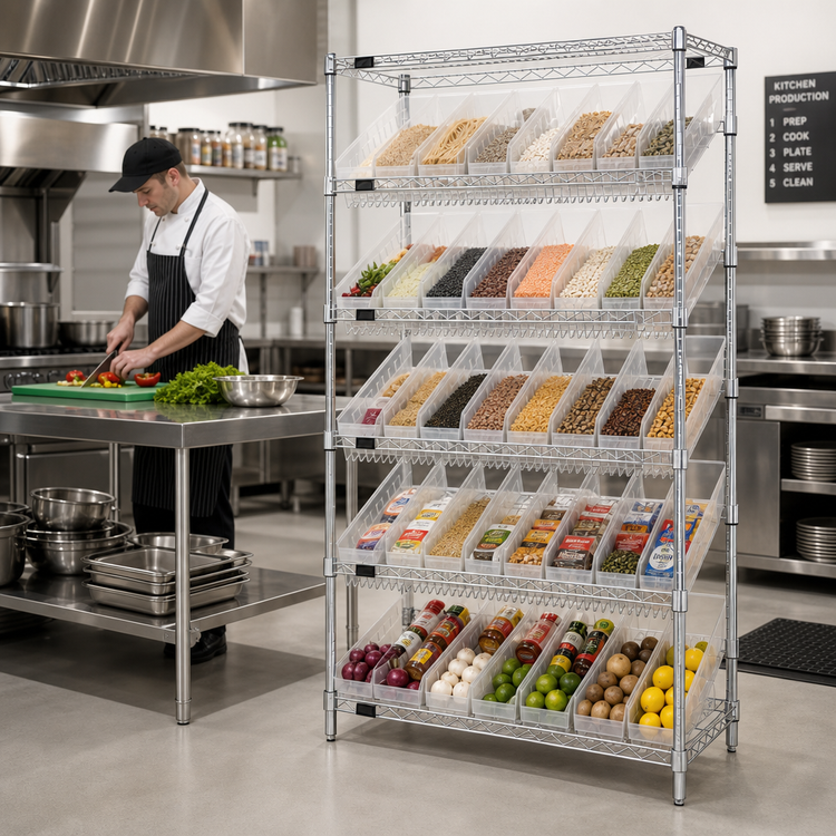 Product image #2 for Quantum Stationary Chrome-Plated Wire Shelving Bin System with 48 Clear Bins, 36W x 18D x 74H
