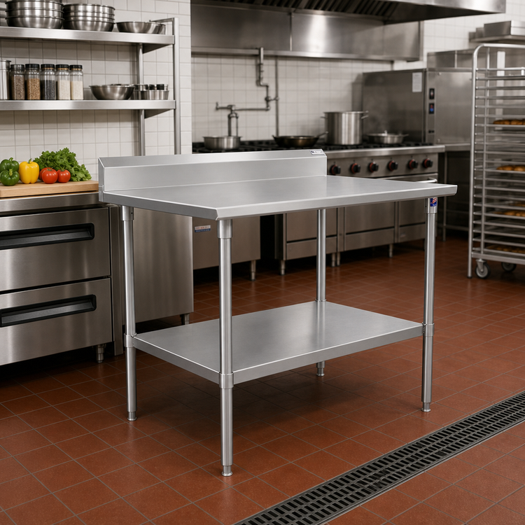 Product image #2 for John Boos Stallion 48" x 30" 16-Gauge Stainless Steel Top Work Table with 5" Backsplash and Adjustable Undershelf