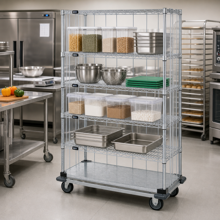 Product image #2 for Quantum 36" x 18" x 70" Mobile Enclosure Cart, 5-Shelf Wire Shelving Unit, Chrome Plated