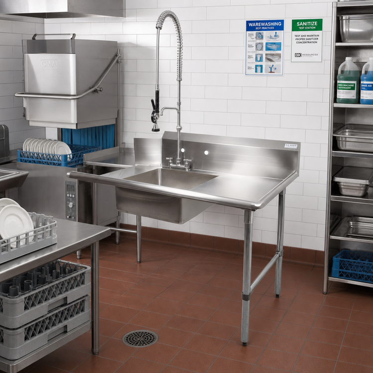 Product image #2 for BK Resources Heavy Duty Straight Soiled Dish Table with Pre-Rinse Sink, 36 Inch, Right-to-Left, 16/304 Stainless Steel, 10 Inch Backsplash