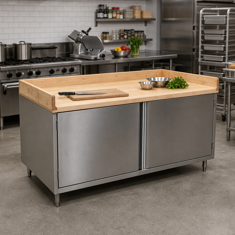 Product image #2 for BK Resources 72-Inch x 36-Inch Wood Top Chef Table with Cabinet Base and Hinged Doors