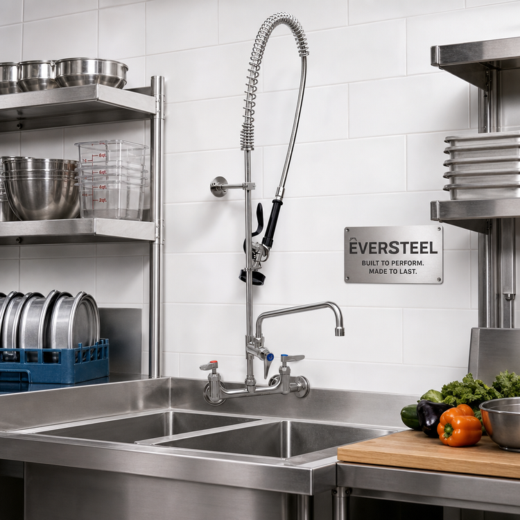 Product image #2 for EverSteel 8-Inch Centers Wall-Mount Pre-Rinse Mixing Faucet with 12-Inch Swing Nozzle and 44-Inch Hose