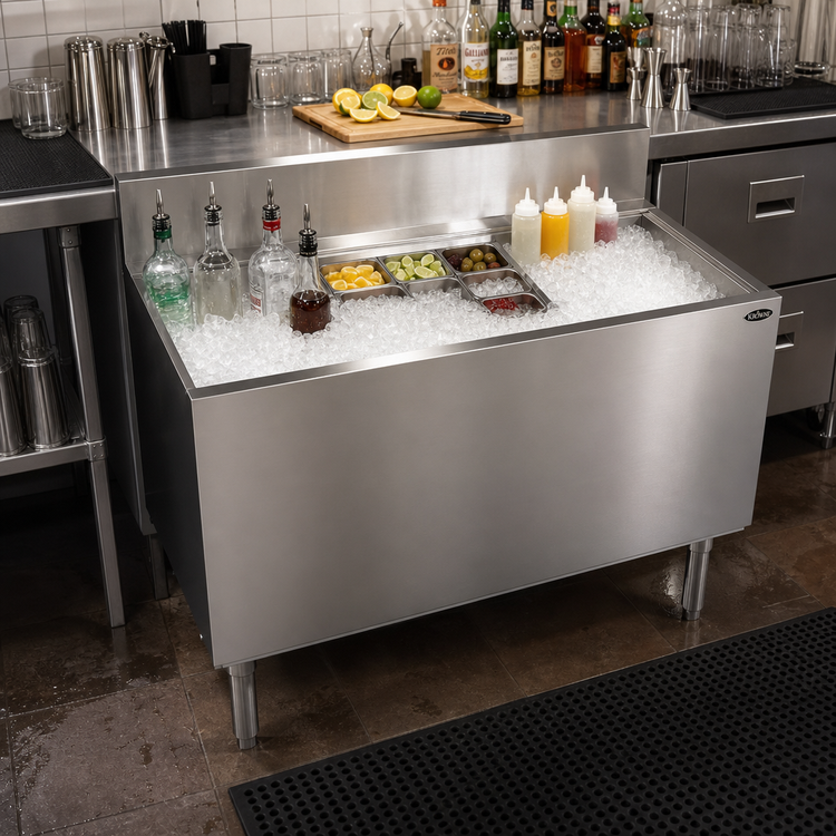 Product image #2 for Krowne Royal Series Underbar Ice Bin/Cocktail Unit with Built-In 10-Circuit Cold Plate, 212-Lb Capacity