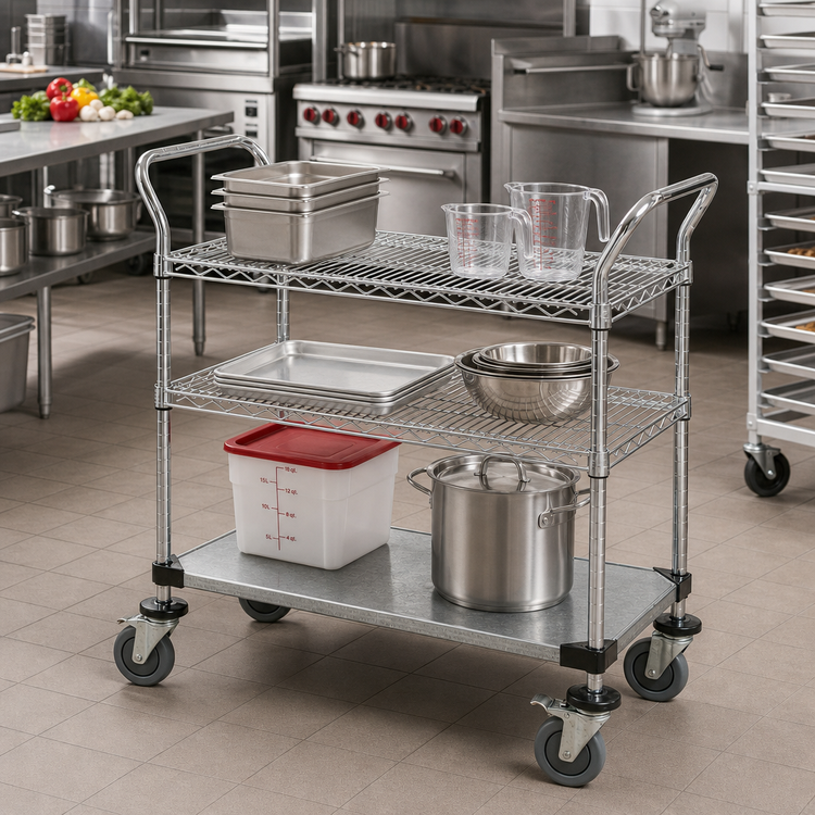 Product image #2 for Quantum 36 x 24 x 37-1/2 in Chrome-Plated Utility Cart with 2 Wire Shelves and 1 Solid Shelf