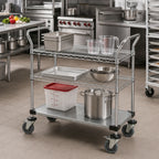 Thumbnail image #2 for Quantum WRC-2436-3CG 36 x 24 x 37-1/2 in. Chrome-Plated 3-Shelf Utility Cart with 2 Wire Shelves, 1 Solid Shelf and 1,200 lb. Capacity