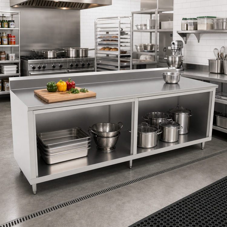 Product image #2 for John Boos Stainless Steel Work Table with Open Front Cabinet Base, 144W x 24D, 5-Inch Backsplash