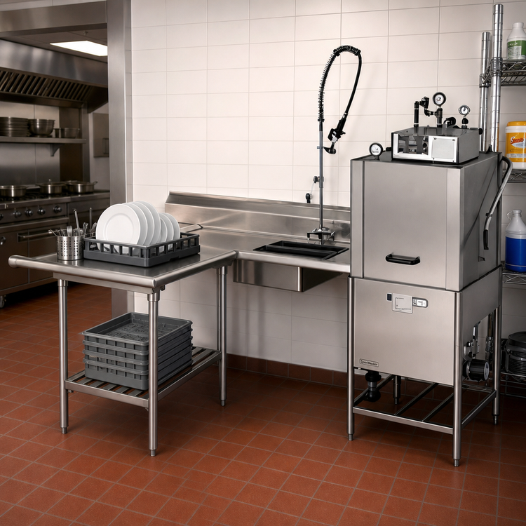 Product image #2 for Spec-Master Island Soiled Dishtable with Dish Landing Shelf and Pre-Rinse Sink, 66-Inch Machine-to-Corner