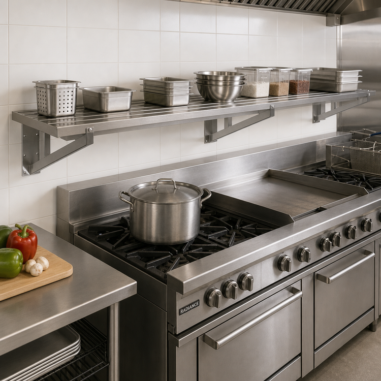 Product image #2 for Advance Tabco Heavy Duty Slotted Cook Line Wall Shelf, 144 x 21 Inches, 304 Stainless Steel