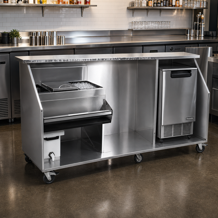 Product image #2 for Glastender 96-Inch Stainless Steel Portable Bar for Stackable Cups with 18-Inch Ice Bin and Refrigerator Space