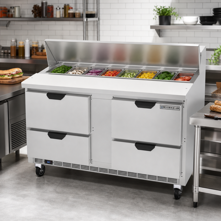 Product image #3 for Beverage-Air SPED60HC-16-4 Two-Section Sandwich Prep Table with 4 Drawers and 16-Pan Standard Top