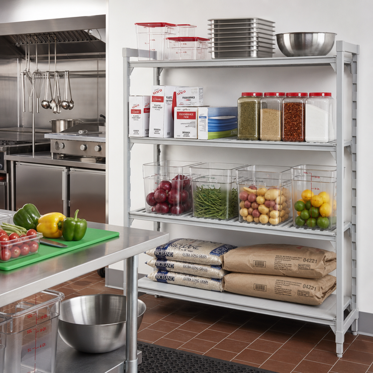 Product image #3 for Cambro Camshelving Premium 72-Inch Wide x 21-Inch Deep x 64-Inch High Add-On Polymer Shelving Unit, 4-Tier Vented and Solid, Speckled Gray