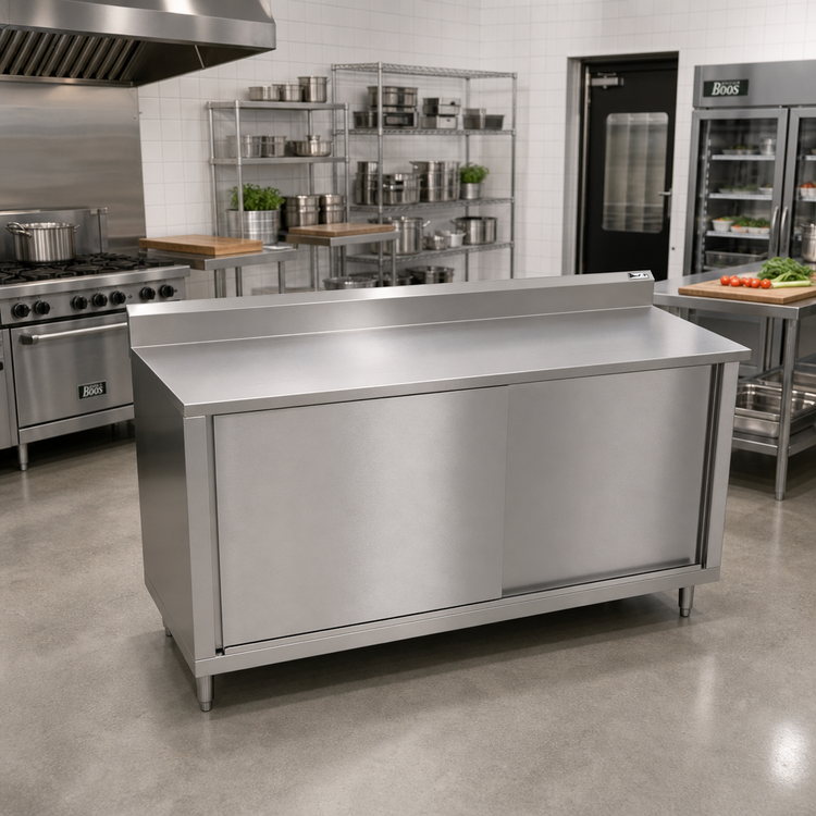 Product image #2 for John Boos 84-Inch x 30-Inch Stainless Steel Cabinet Base Work Table with Sliding Doors and 5-Inch Backsplash