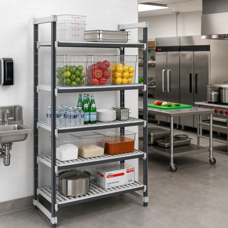Product image #2 for Cambro Camshelving Elements XTRA 5-Tier Vented Stationary Starter Unit, 18"W x 60"L x 64"H, Speckled Gray