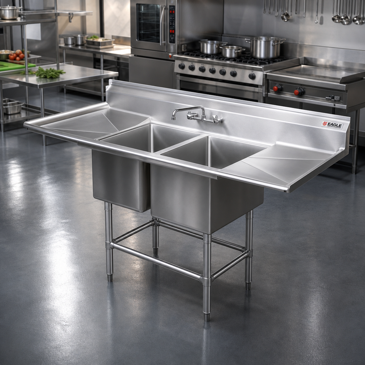 Product image #2 for Eagle Spec-Master FN Series Coved Corner Two-Compartment Stainless Steel Sink with 30-Inch Left Drainboard