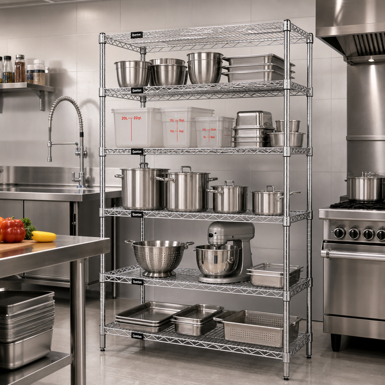 Product image #2 for Quantum 72"W x 18"D x 74"H Stationary Wire Shelving Starter Kit, 5 Shelves, 304 Stainless Steel