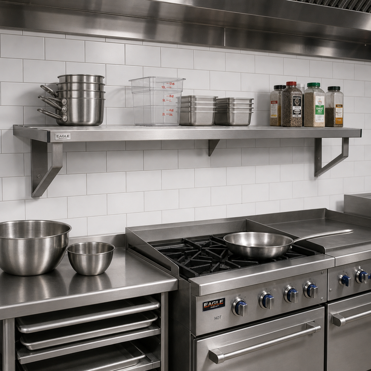 Product image #2 for Eagle Group Cooking Line Heavy Duty Stainless Steel Wall Shelf, 96-In. W x 18-In. D